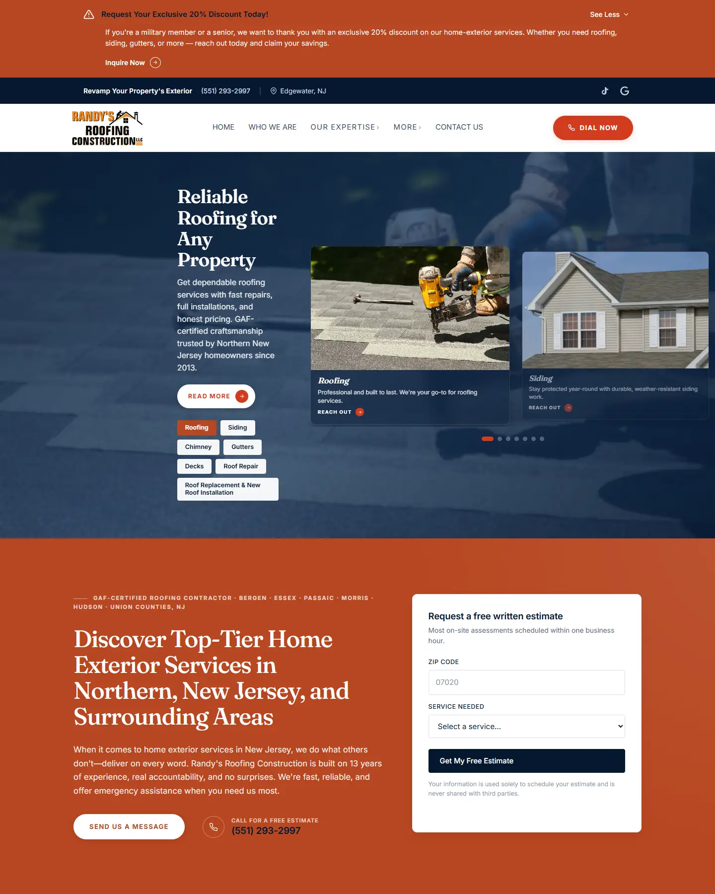 The Randy's Roofing Construction website